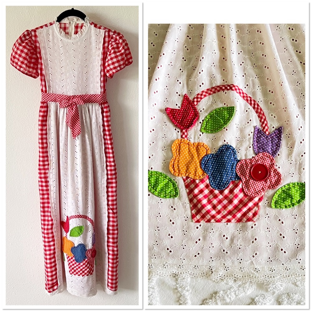 Vintage Handmade Red Gingham Ruffle Fruit Basket Applique Girls Dress